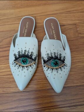 Kurt Geiger White Embellished Eye Mules Shoes Slip Ons